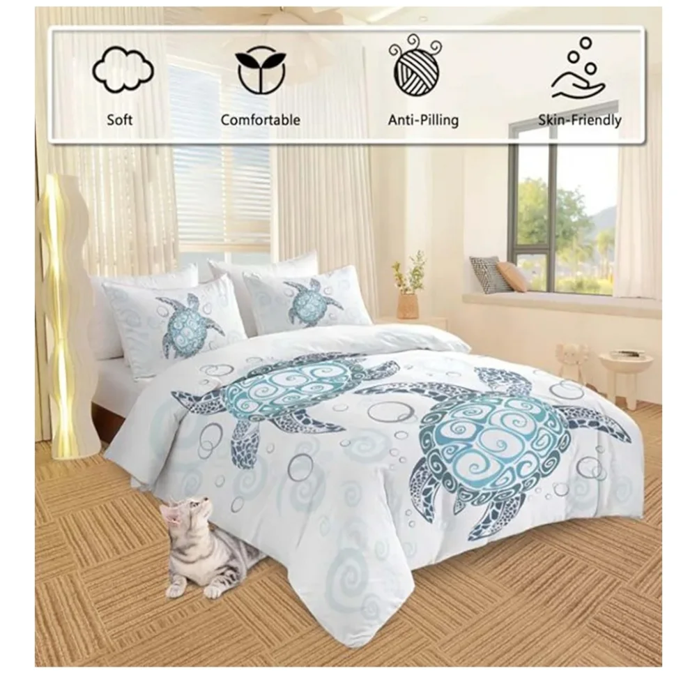 NWT Sea Turtle 3 Pc. Duvet Set - White and Blue Queen Size